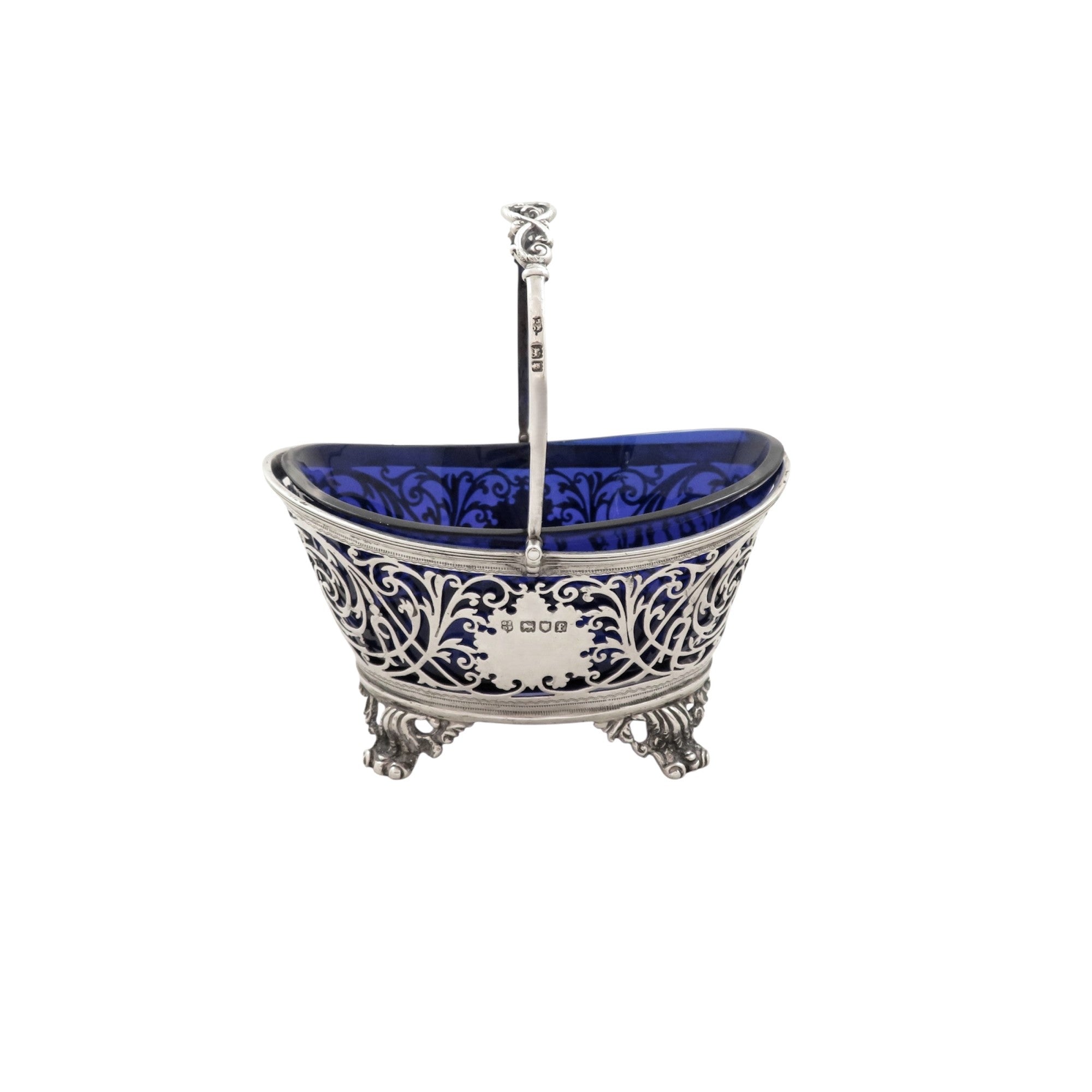 Antique Edwardian Sterling Silver Basket with Blue Glass Liner 1901