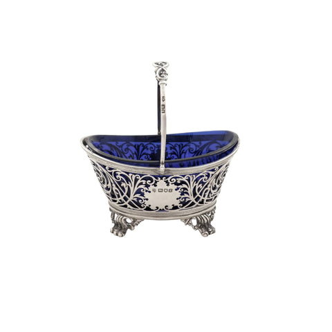 Antique Edwardian Sterling Silver Basket with Blue Glass Liner 1901