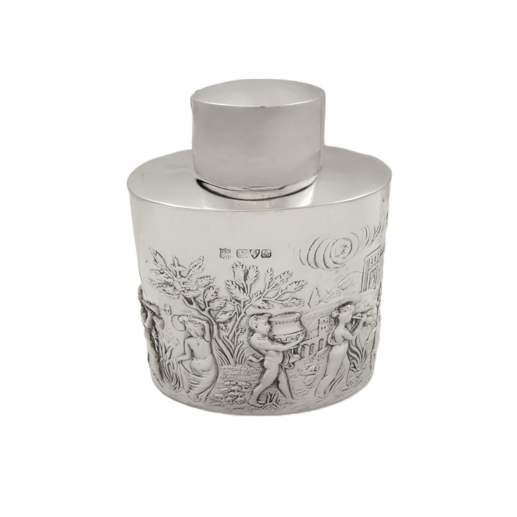 Antique Edwardian Sterling Silver Caddy with Roman Scenes 1901