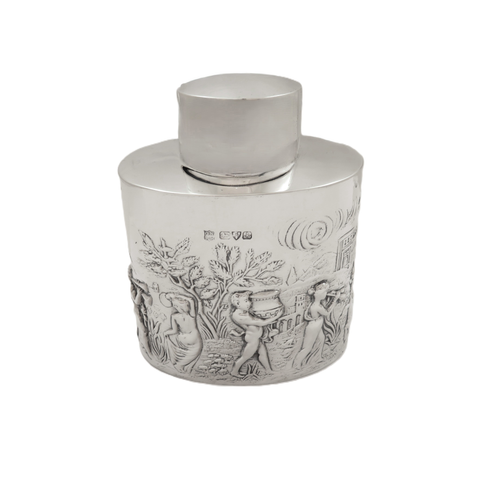 Antique Edwardian Sterling Silver Caddy with Roman Scenes 1901