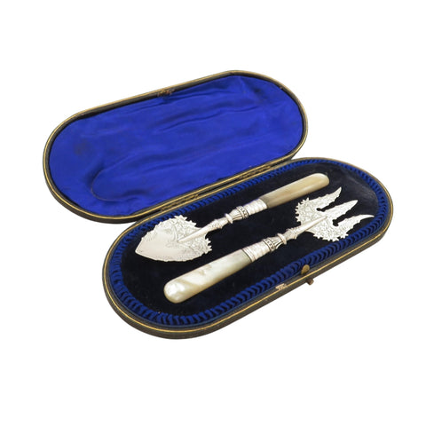 Antique Edwardian Sterling Silver & Mother of Pearl Jam Spoon & Bread Fork 1902