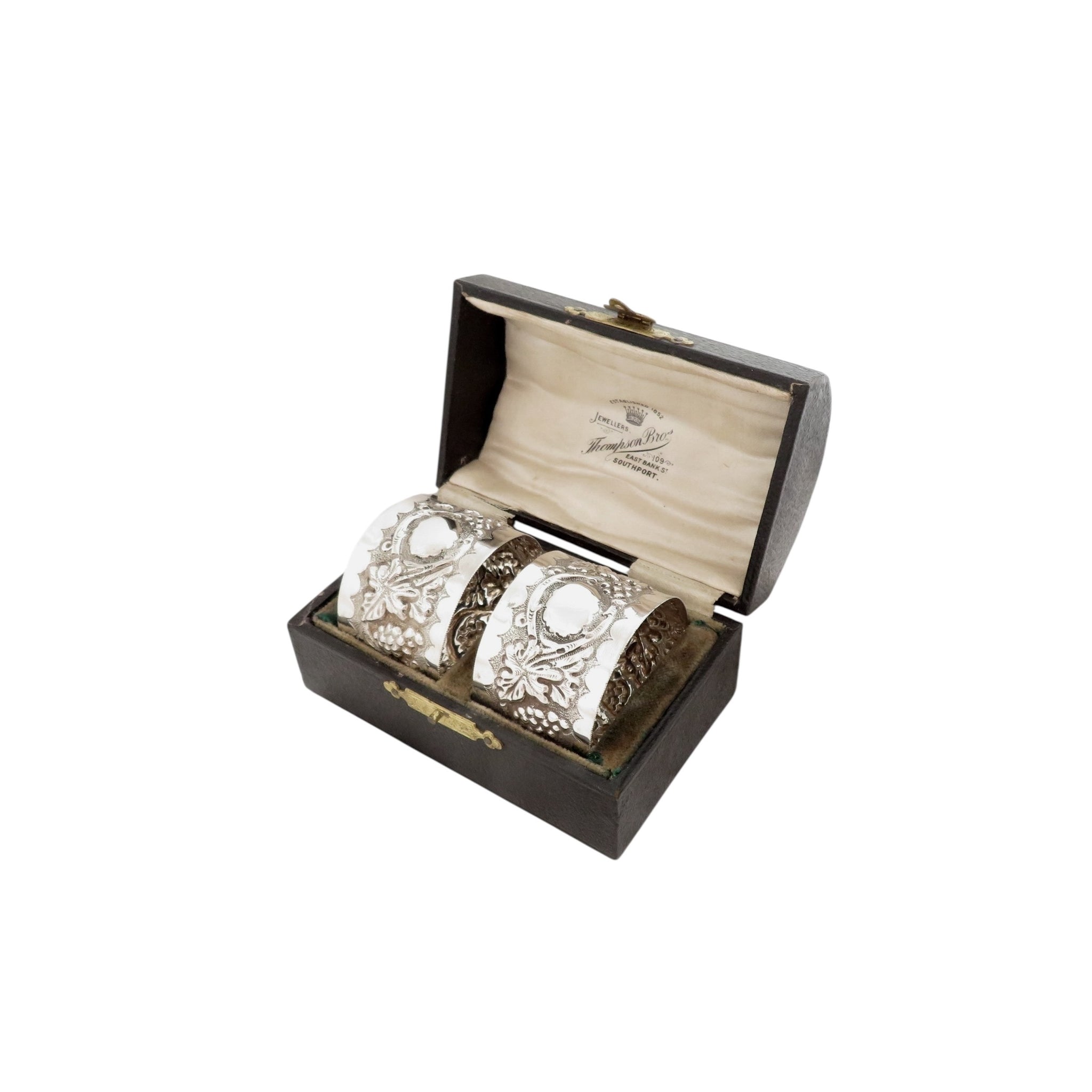 Pair of Antique Victorian Sterling Silver 'Grape & Vine' Napkin Rings in Case 1899