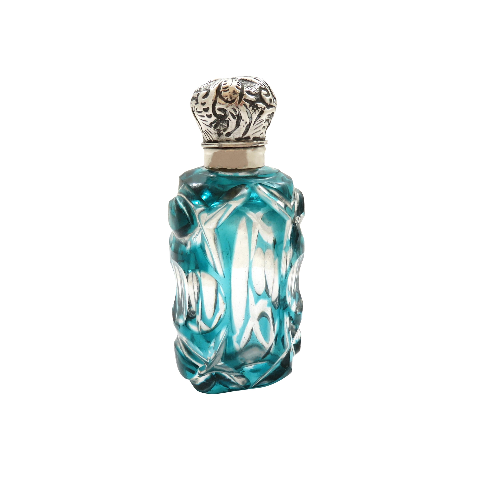 Antique Silver & Blue Overlay Cut Glass Scent / Perfume Bottle c1890