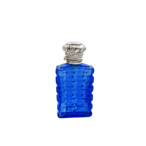 Antique Silver & Blue Cut Glass Scent / Perfume Bottle c1900