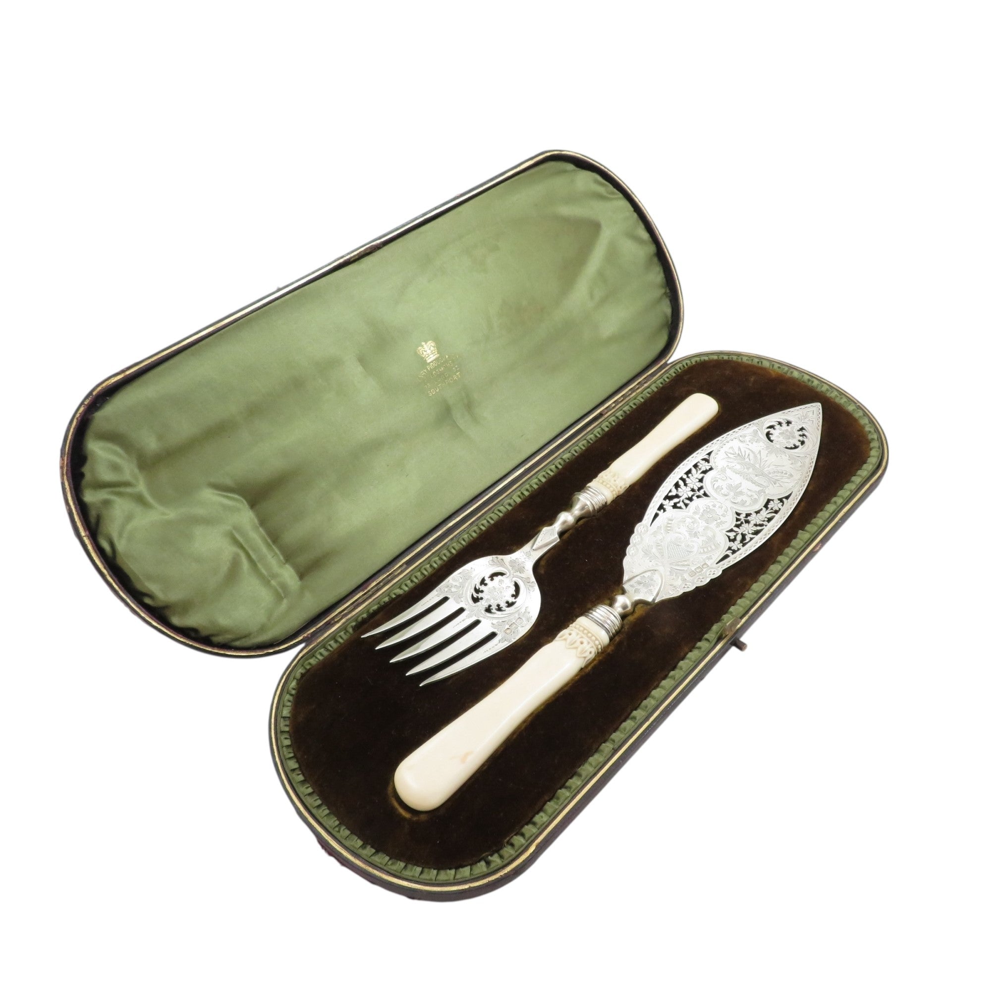 Pair of Antique Victorian Sterling Silver Fish Servers in Case 1899