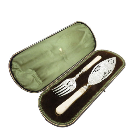 Pair of Antique Victorian Sterling Silver Fish Servers in Case 1899