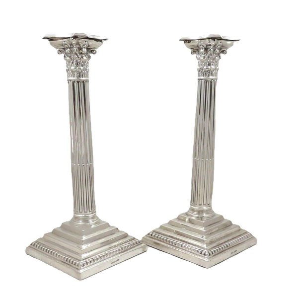 Pair of Antique Sterling Silver 11 1/2" Corinthian Column Candlesticks 1940