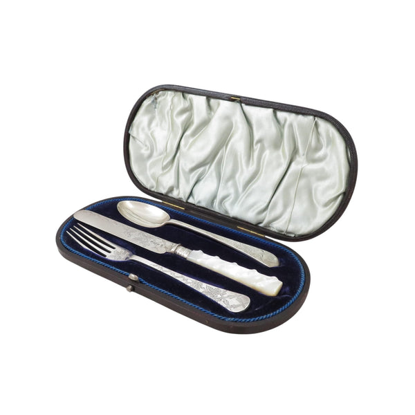 Antique Victorian Sterling Silver 3 Piece Christening Set in Case 1896