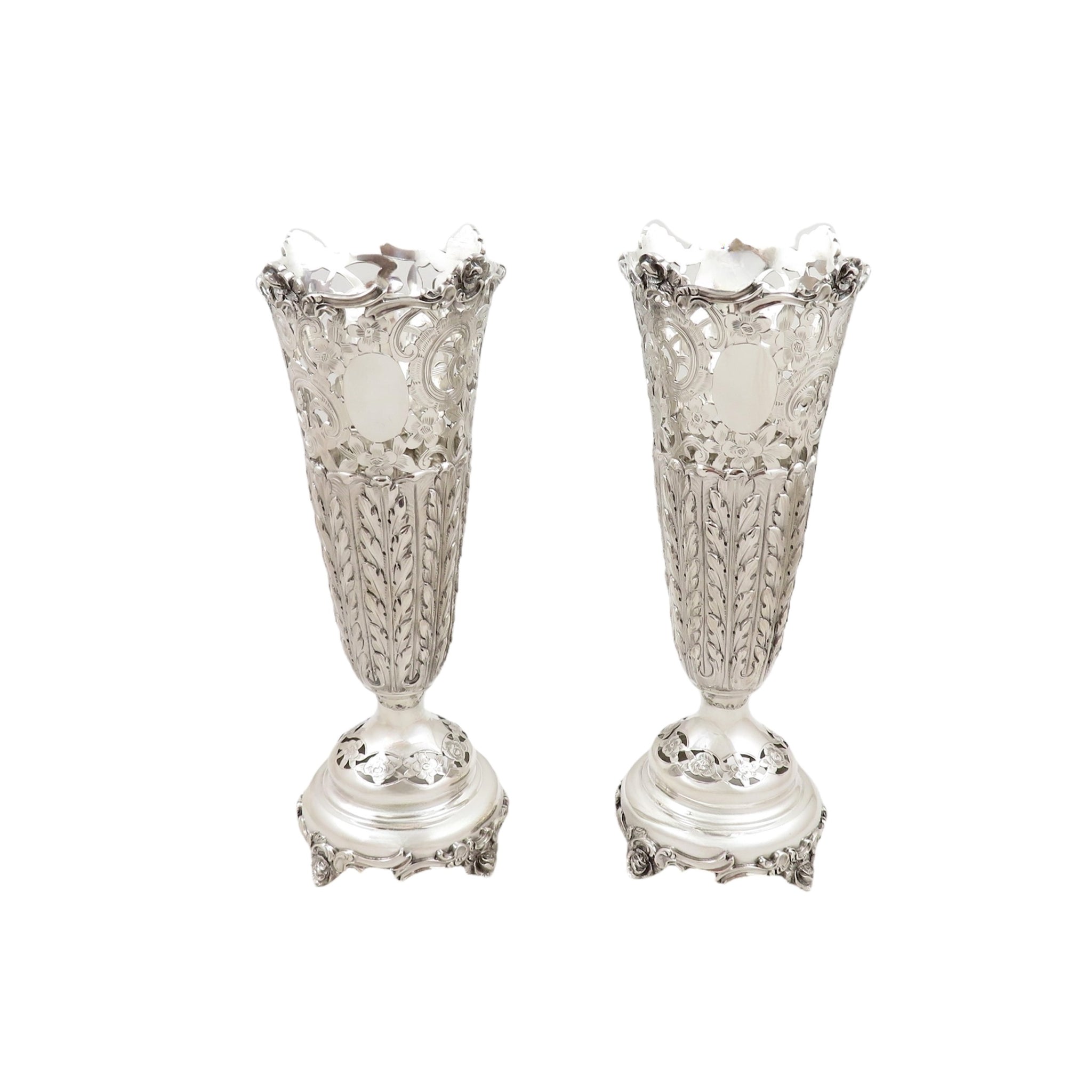 Pair of Antique Edwardian Sterling Silver 8" Vases 1902