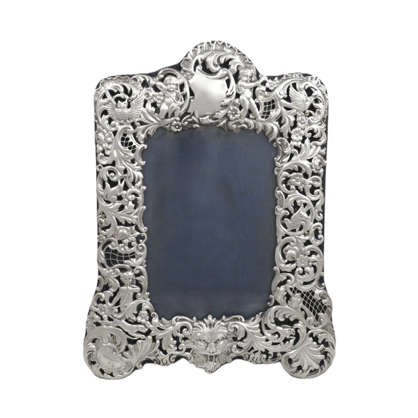 Antique Victorian Sterling Silver 9" Photo Frame 1894 - Owls, Dogs, Cherubs