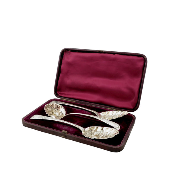 Set of 3 Antique Georgian Sterling Silver Berry Spoons & Sifter in Case 1816