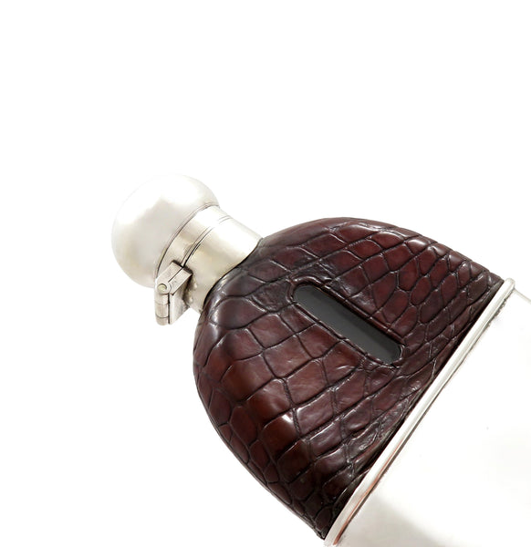 Antique Edwardian Sterling Silver & Crocodile Leather Hip Flask 1907