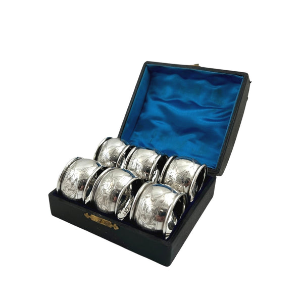 Set of 6 Antique Sterling Silver Napkin Rings in Case 1912