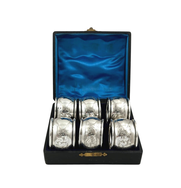 Set of 6 Antique Sterling Silver Napkin Rings in Case 1912