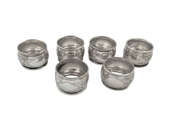 Set of 6 Antique Sterling Silver Napkin Rings in Case 1912