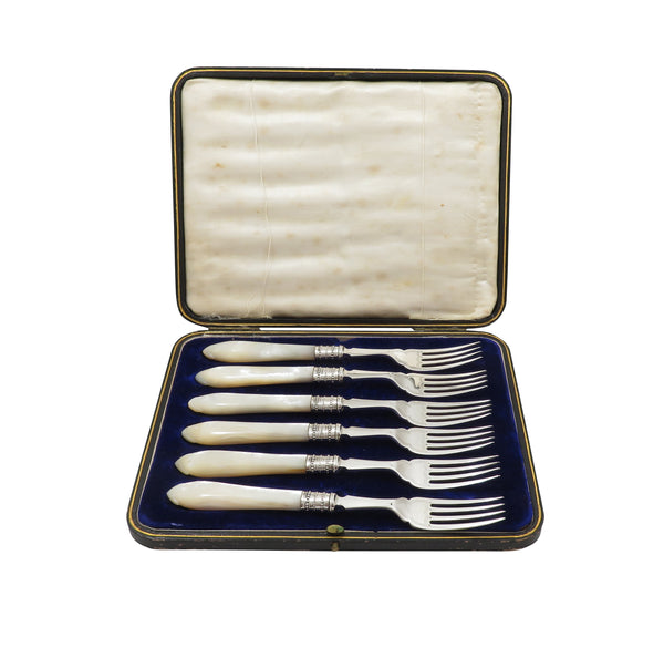 Set of 6 Antique Edwardian Sterling Silver & Mother of Pearl Desert Forks 1907