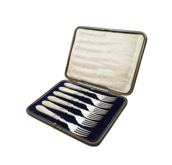 Set of 6 Antique Edwardian Sterling Silver & Mother of Pearl Desert Forks 1907
