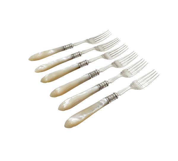 Set of 6 Antique Edwardian Sterling Silver & Mother of Pearl Desert Forks 1907