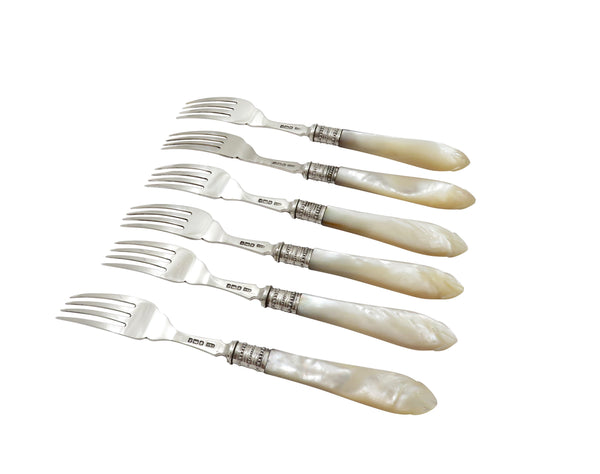 Set of 6 Antique Edwardian Sterling Silver & Mother of Pearl Desert Forks 1907