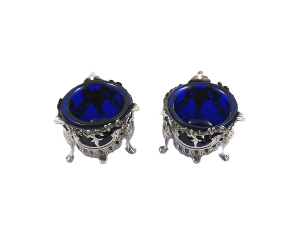 Pair of Antique Victorian Sterling Silver Salts with Liners 1845