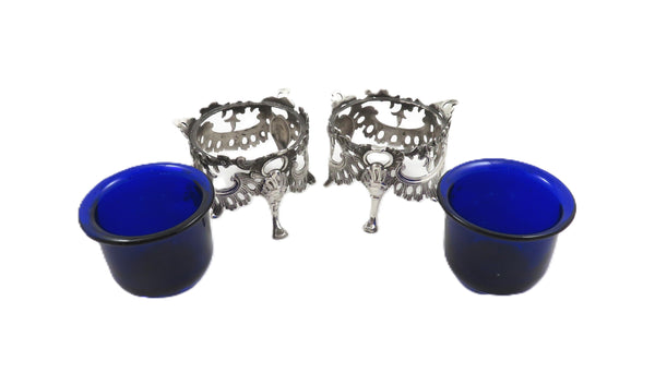 Pair of Antique Victorian Sterling Silver Salts with Liners 1845