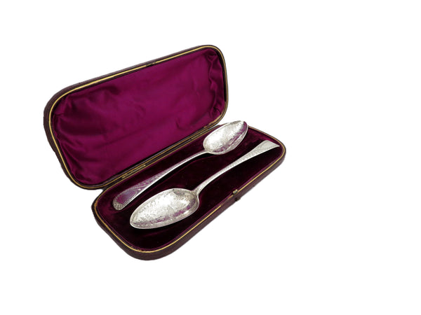 Pair of Antique Georgian Sterling Silver 'Bird' Serving Spoons in Case 1796/1806