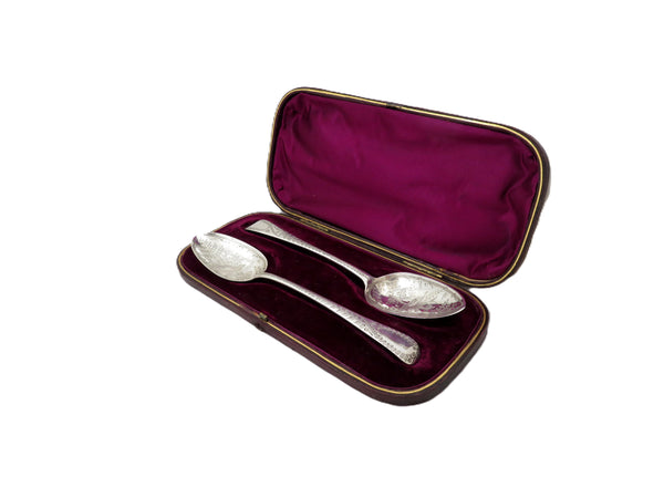 Pair of Antique Georgian Sterling Silver 'Bird' Serving Spoons in Case 1796/1806
