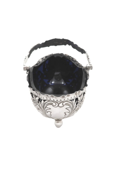 Antique Victorian Sterling Silver Basket with Blue Glass Liner 1898