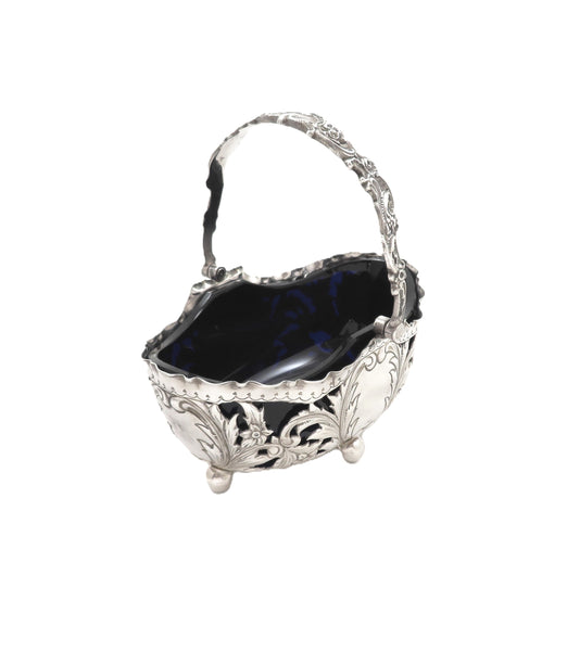 Antique Victorian Sterling Silver Basket with Blue Glass Liner 1898