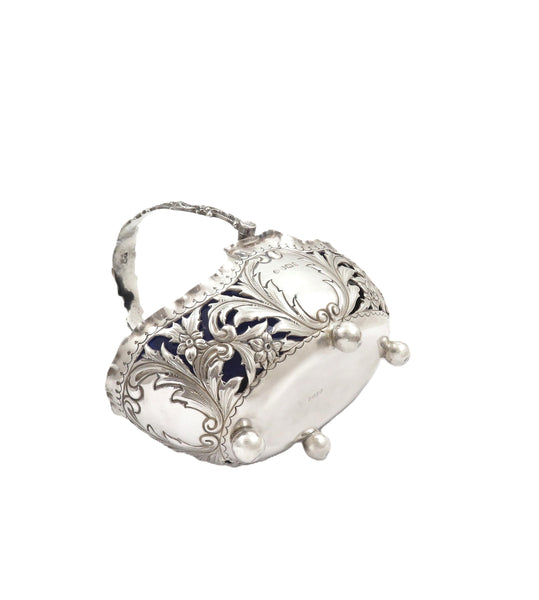 Antique Victorian Sterling Silver Basket with Blue Glass Liner 1898