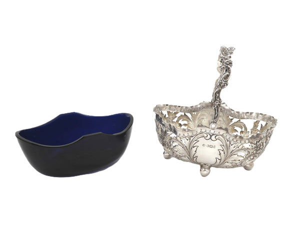 Antique Victorian Sterling Silver Basket with Blue Glass Liner 1898