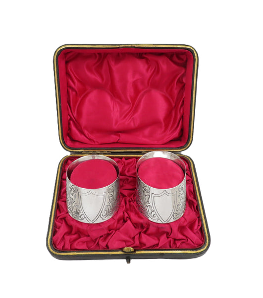 Pair of Antique Victorian Sterling Silver Napkin Rings in Case 1900