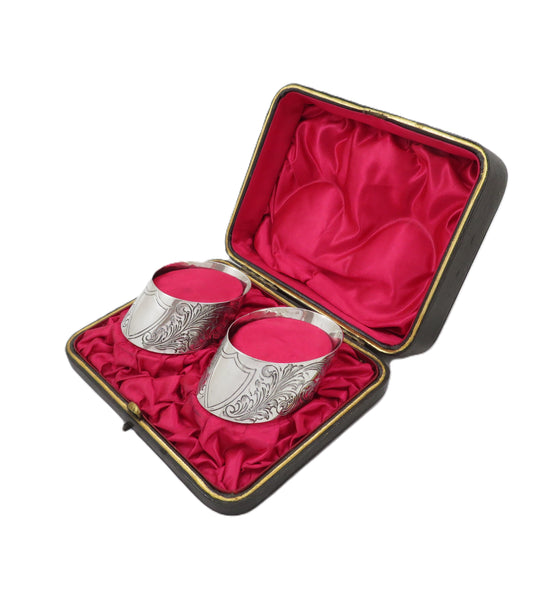 Pair of Antique Victorian Sterling Silver Napkin Rings in Case 1900