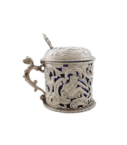 Antique Victorian Sterling Silver 'Cherubs & Birds' Mustard Pot 1900