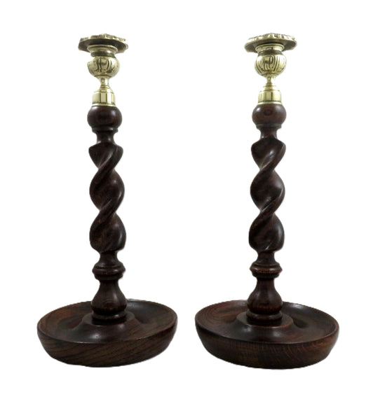 Pair of Antique Oak 12" Barley Twist Candlesticks with Thistle Tops c1900