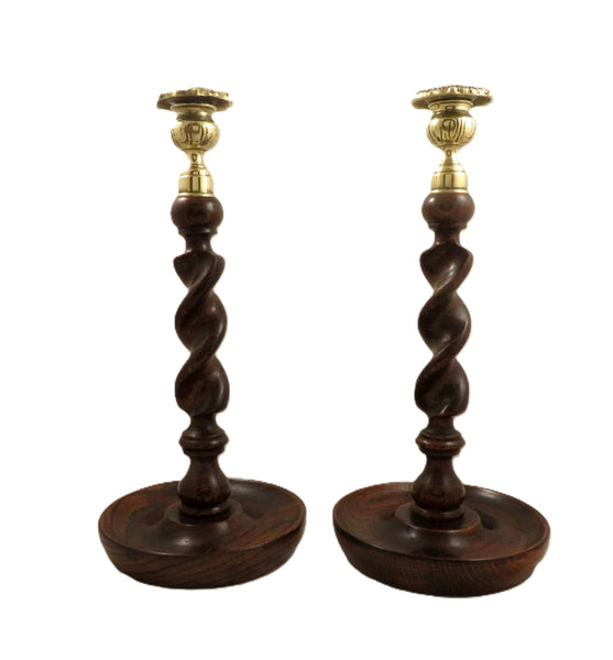 Pair of Antique Oak 12" Barley Twist Candlesticks with Thistle Tops c1900