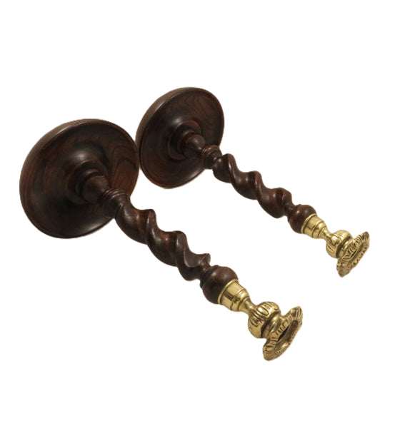 Pair of Antique Oak 12" Barley Twist Candlesticks with Thistle Tops c1900