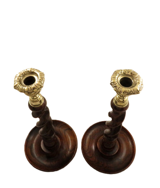 Pair of Antique Oak 12" Barley Twist Candlesticks with Thistle Tops c1900