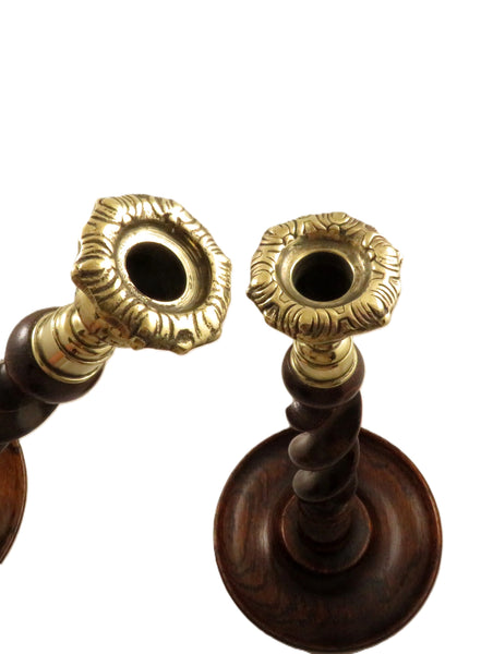 Pair of Antique Oak 12" Barley Twist Candlesticks with Thistle Tops c1900