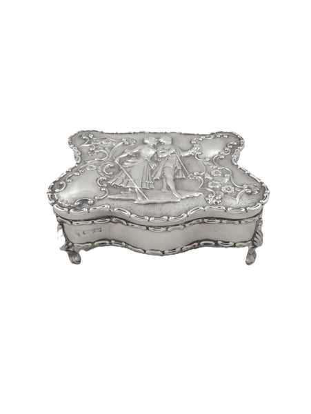 Antique Edwardian Sterling Silver Trinket Box with Couple Scene 1908