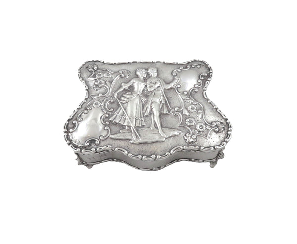 Antique Edwardian Sterling Silver Trinket Box with Couple Scene 1908