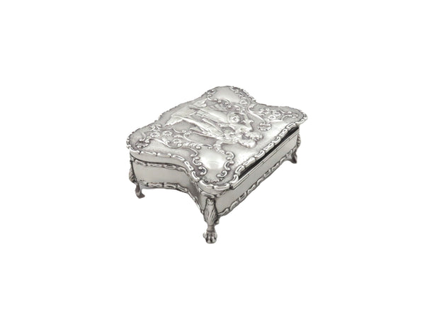 Antique Edwardian Sterling Silver Trinket Box with Couple Scene 1908