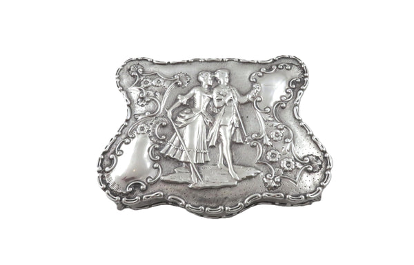 Antique Edwardian Sterling Silver Trinket Box with Couple Scene 1908