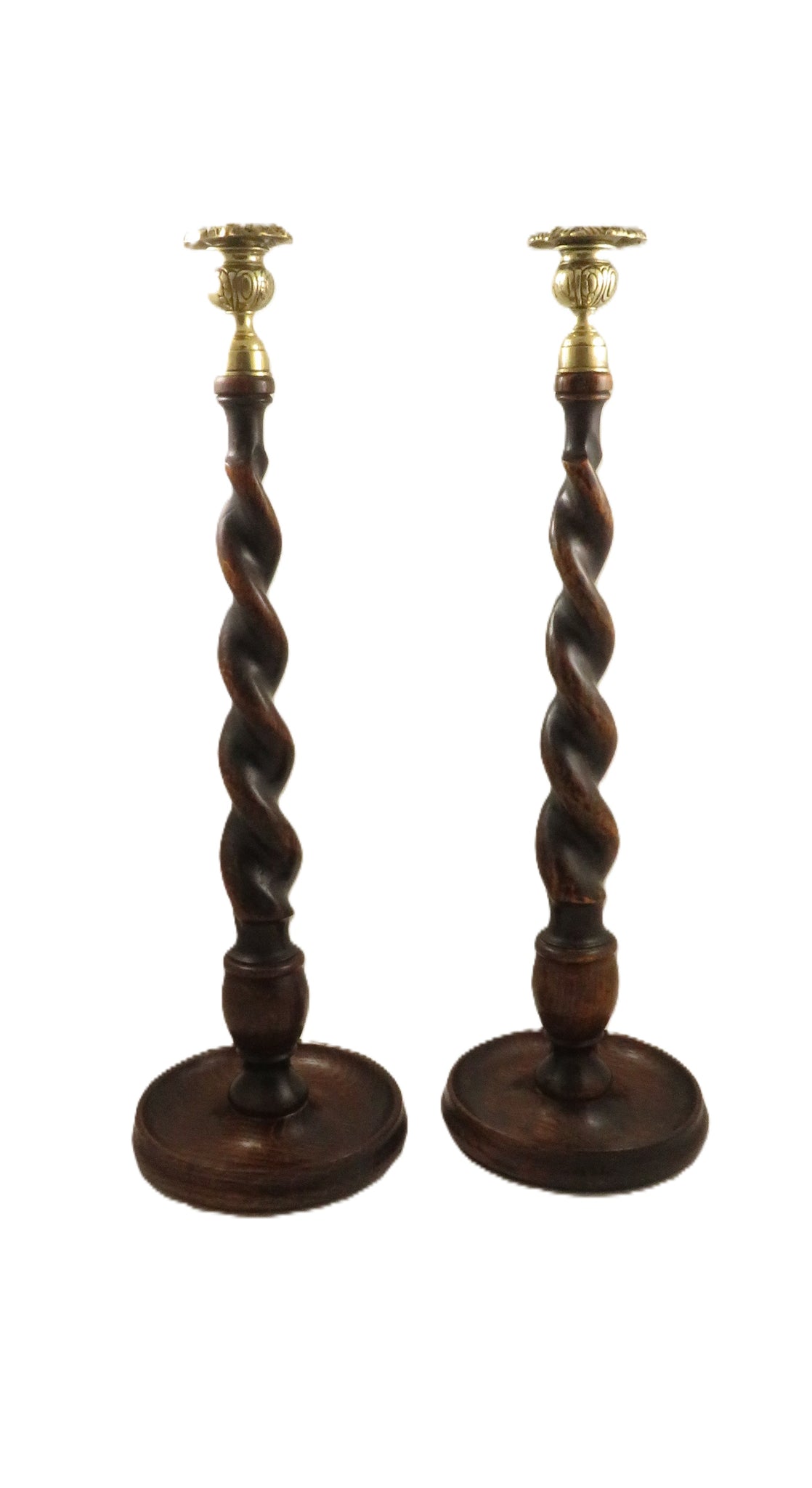 Pair of Antique Oak 18" Barley Twist Candlesticks with Thistle Tops c1900