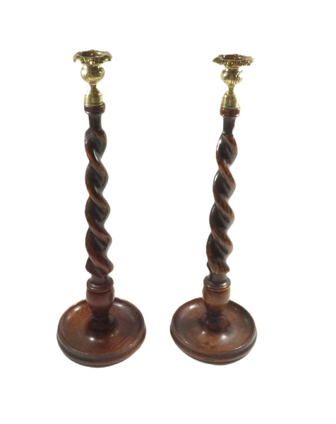Pair of Antique Oak 18" Barley Twist Candlesticks with Thistle Tops c1900