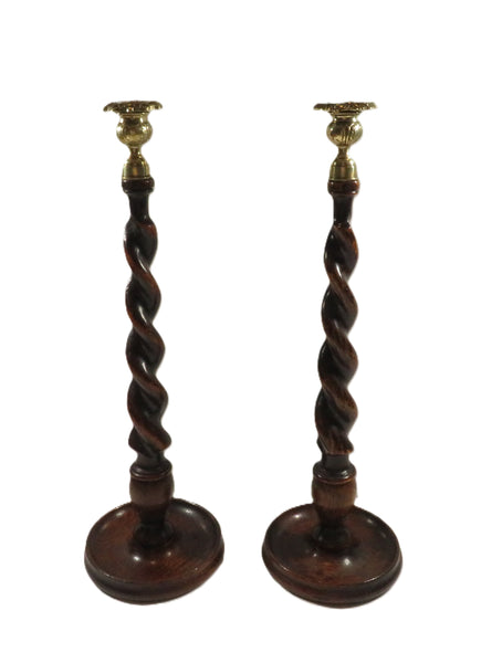 Pair of Antique Oak 18" Barley Twist Candlesticks with Thistle Tops c1900