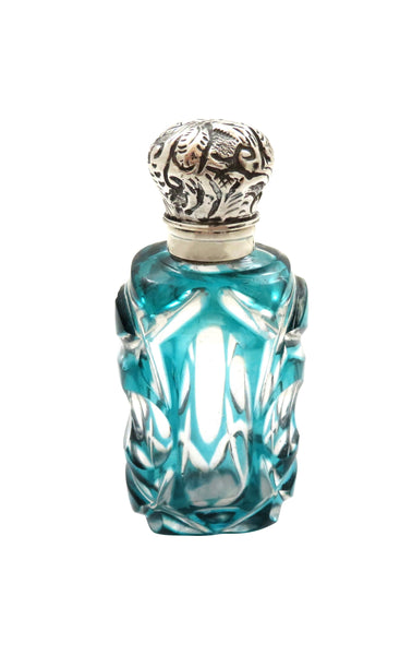 Antique Silver & Blue Overlay Cut Glass Scent / Perfume Bottle c1890