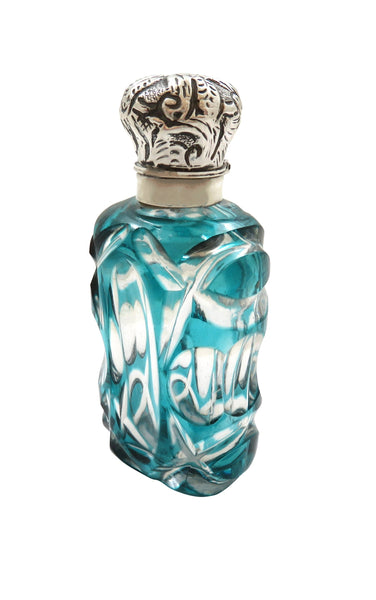 Antique Silver & Blue Overlay Cut Glass Scent / Perfume Bottle c1890