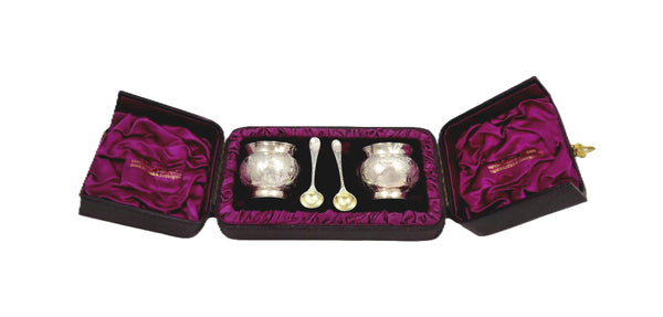 Pair of Antique Victorian Sterling Silver 'Bird' Salts & Spoons in Case 1884