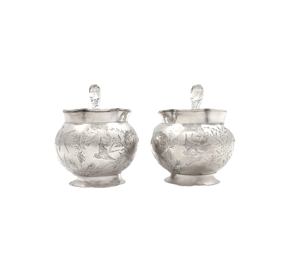 Pair of Antique Victorian Sterling Silver 'Bird' Salts & Spoons in Case 1884